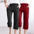 thumbnail image 6 of MELDVDIB 2PCS Womens Linen Capri Pants Elastic Waist Drawstring Straight Wide Leg Capris Cropped Trousers Summer Casual Loose Yoga Beach Pants, 6 of 8