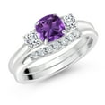 thumbnail image 2 of Gem Stone King 10K White Gold Purple Amethyst White Moissanite and Lab Grown Diamond 3 Stone Bridal Engagement Wedding Ring Set for Women (0.88 Cttw, 5MM and 3MM Cushion, Sizes 5, 6, 7, 8, 9), 2 of 6