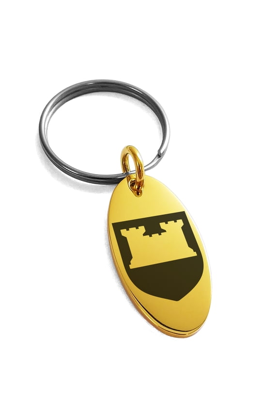 Stainless Steel Castle Protection Coat of Arms Shield Engraved Small Oval Charm Keychain Keyring