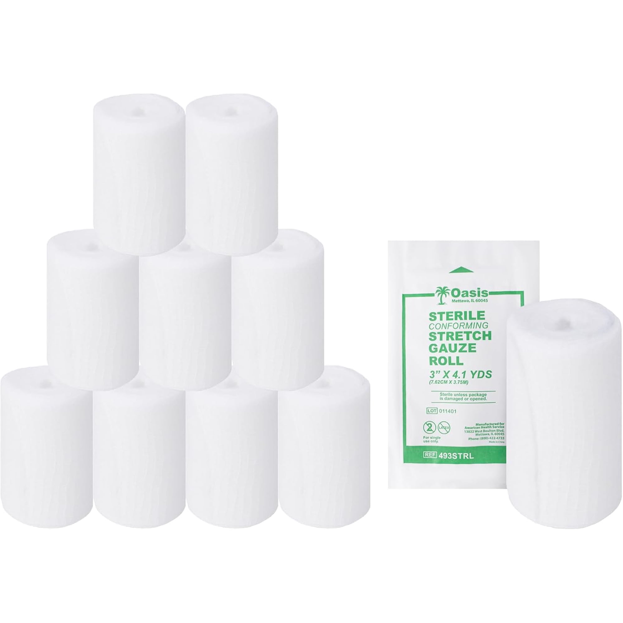 Oasis Conforming Stretch Gauze Bandage, 48 Rolls | Sterile Latex Free Rolled Gauze, Bandage Rolls for Effective Wound Care & Comfort (3" x 4.1 Yards)