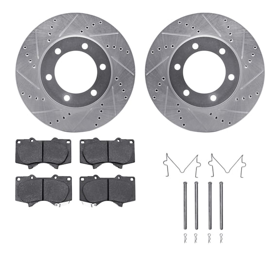 Dynamic Friction Company Front Brake Rotors-Drilled and Slotted-Silver with Ultimate Duty Performance Brake Pads includes Hardware 7412-76014