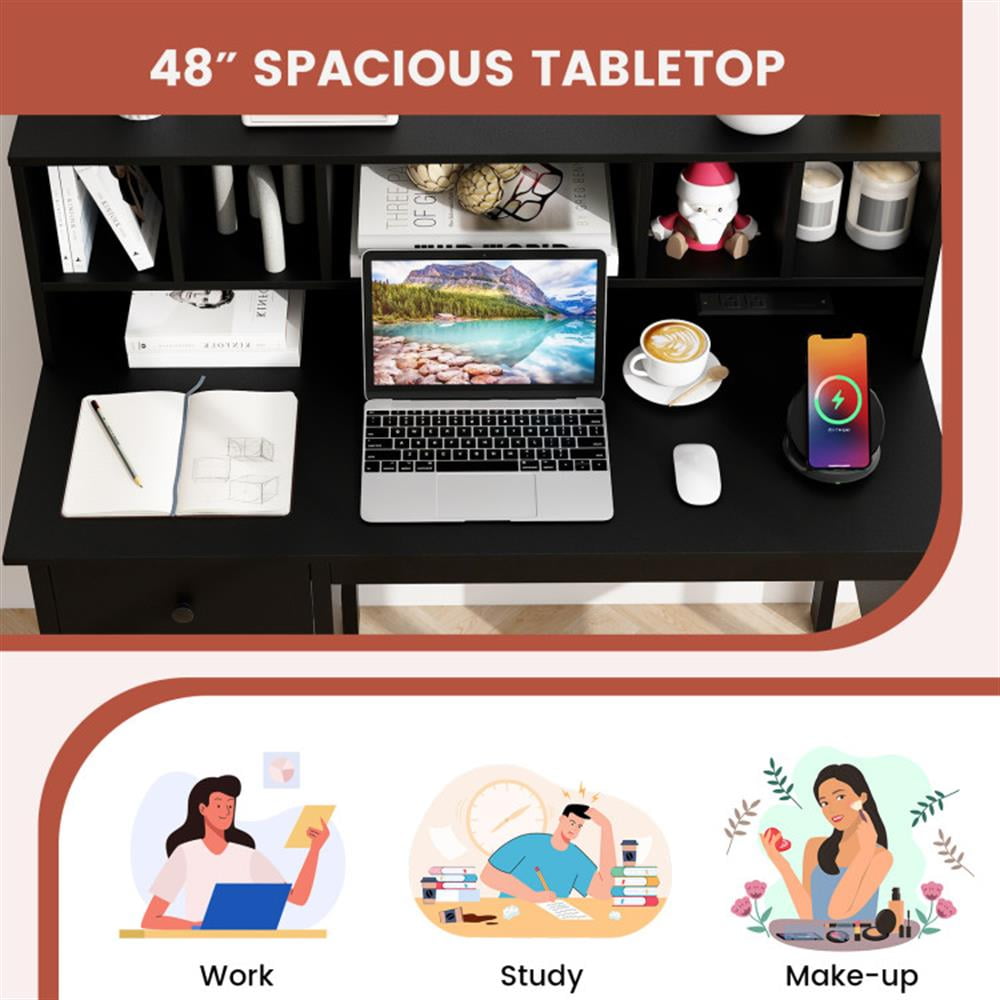 Demi Bonn 48" Computer Desk with Drawers Power Outlets, Small Home Office Desk Study Writing Table, Black