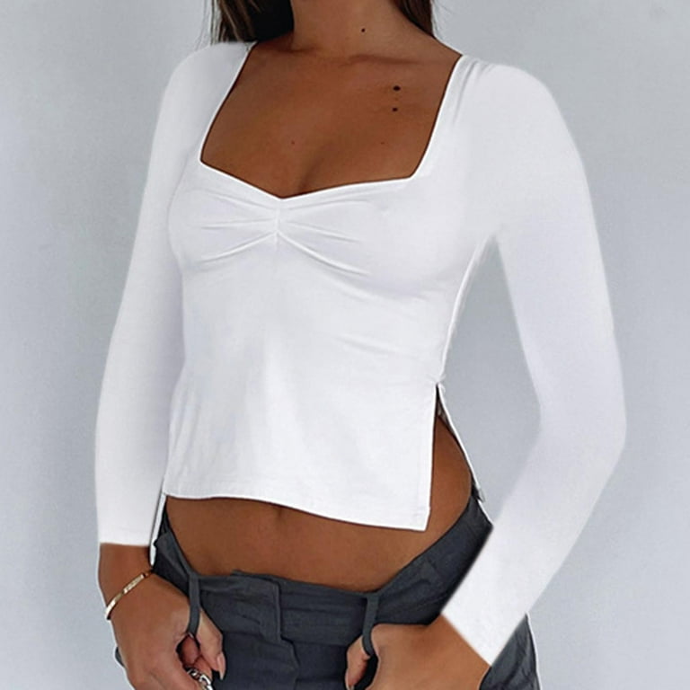 XFLWAM Womens Long Sleeve Y2K Tops Ruched Front Square Neck Skinny Shirts  Solid Color Side Split Crop Top White M