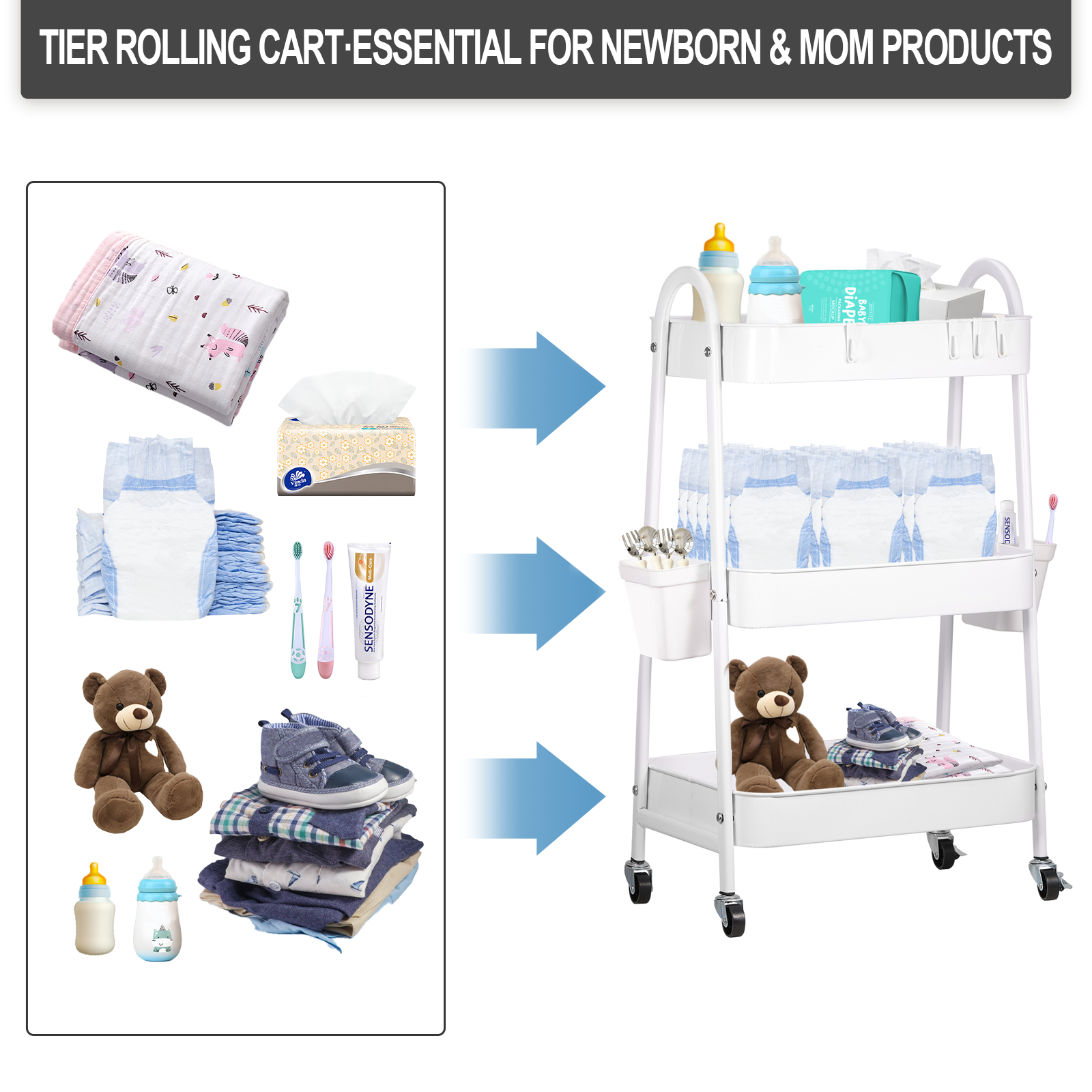 FOOK FISH Baby Diaper Cart 3-Tier Rolling Storage, White photo 5