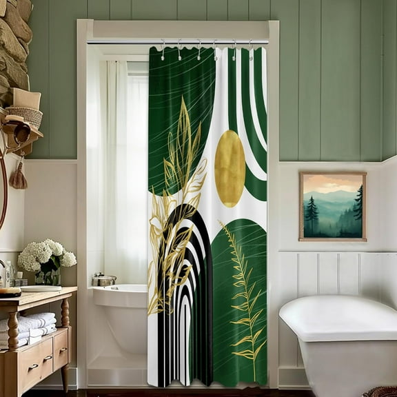 Olive Green and Gold Shower Curtain Modern, Boho Mid Century Shower Curtains for Bathroom Decor MCM Minimalist Leaf Simple Bath Curtain Set, Waterproof Fabric, 36" W x 72" L