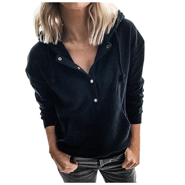 Sweat à Capuche pour Femmes Boutons Solides Poches Pull Manches Longues Blouse Tops