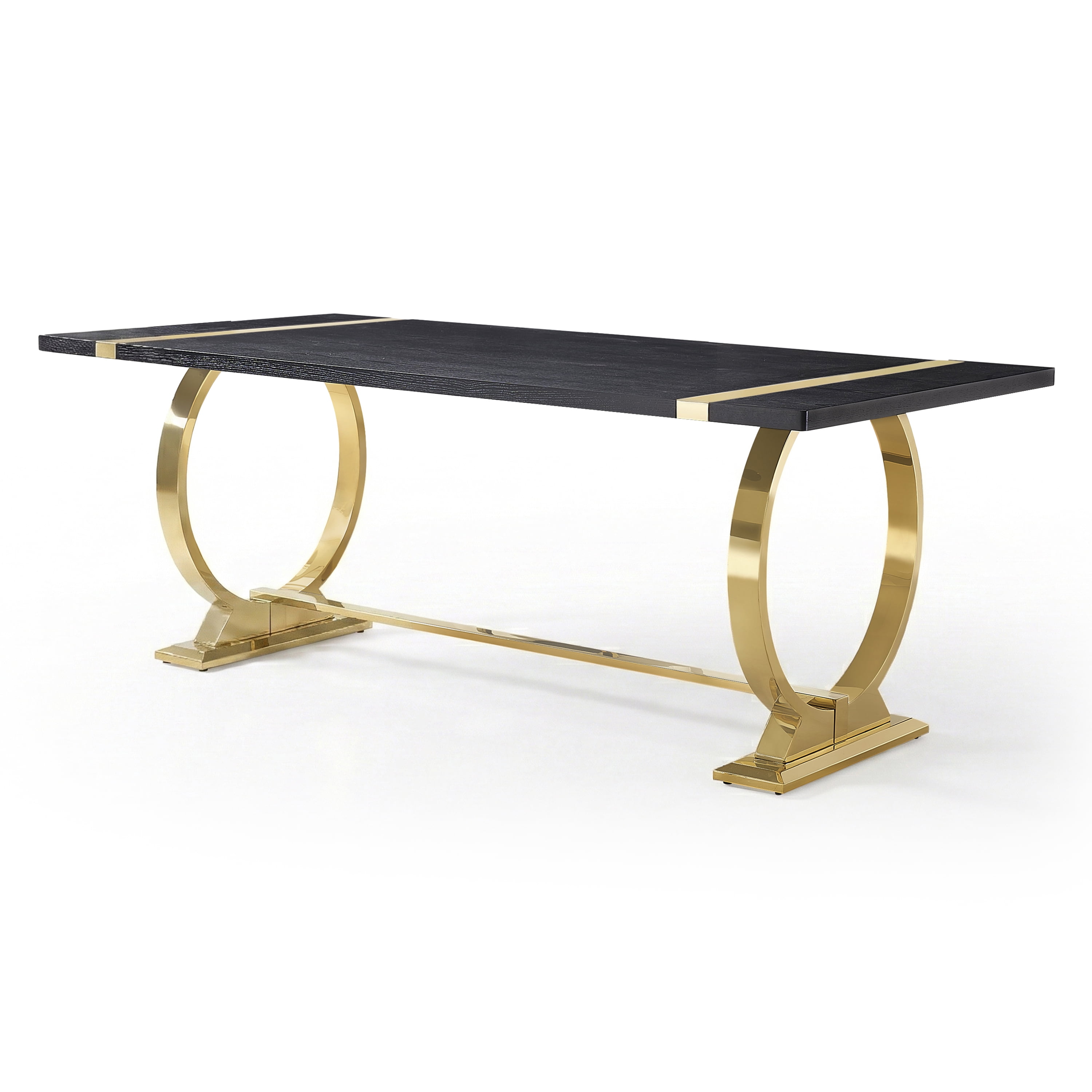 Furniture of America Gaius Glam Wood 80" Rectangle Dining Table with O-Shaped Stainless Steel Trestle Base, Black and Gold