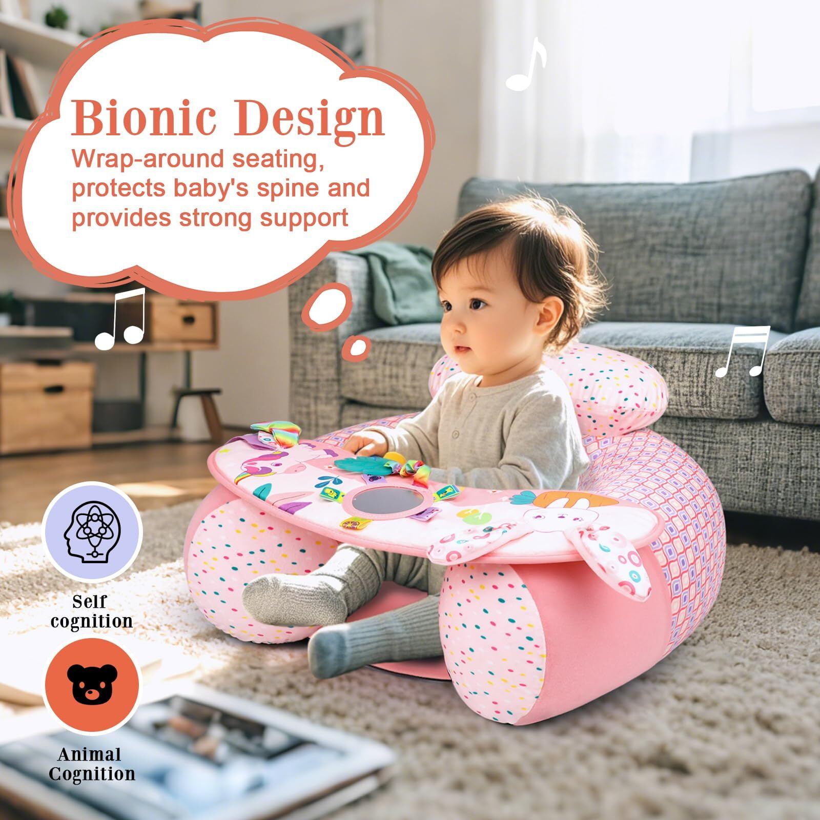 Blublu Park Baby Inflatable Sit Me Up Floor Seat, 3-36 Months with Cover & Detachable Sensory Tray, Unicorn