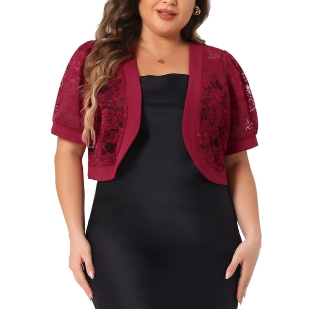 Cárdigans cortos de talla grande para mujeres Agnes Orinda, con frente abierto, mangas cortas, encaje floral y boleros transparentes, 3X Burdeos