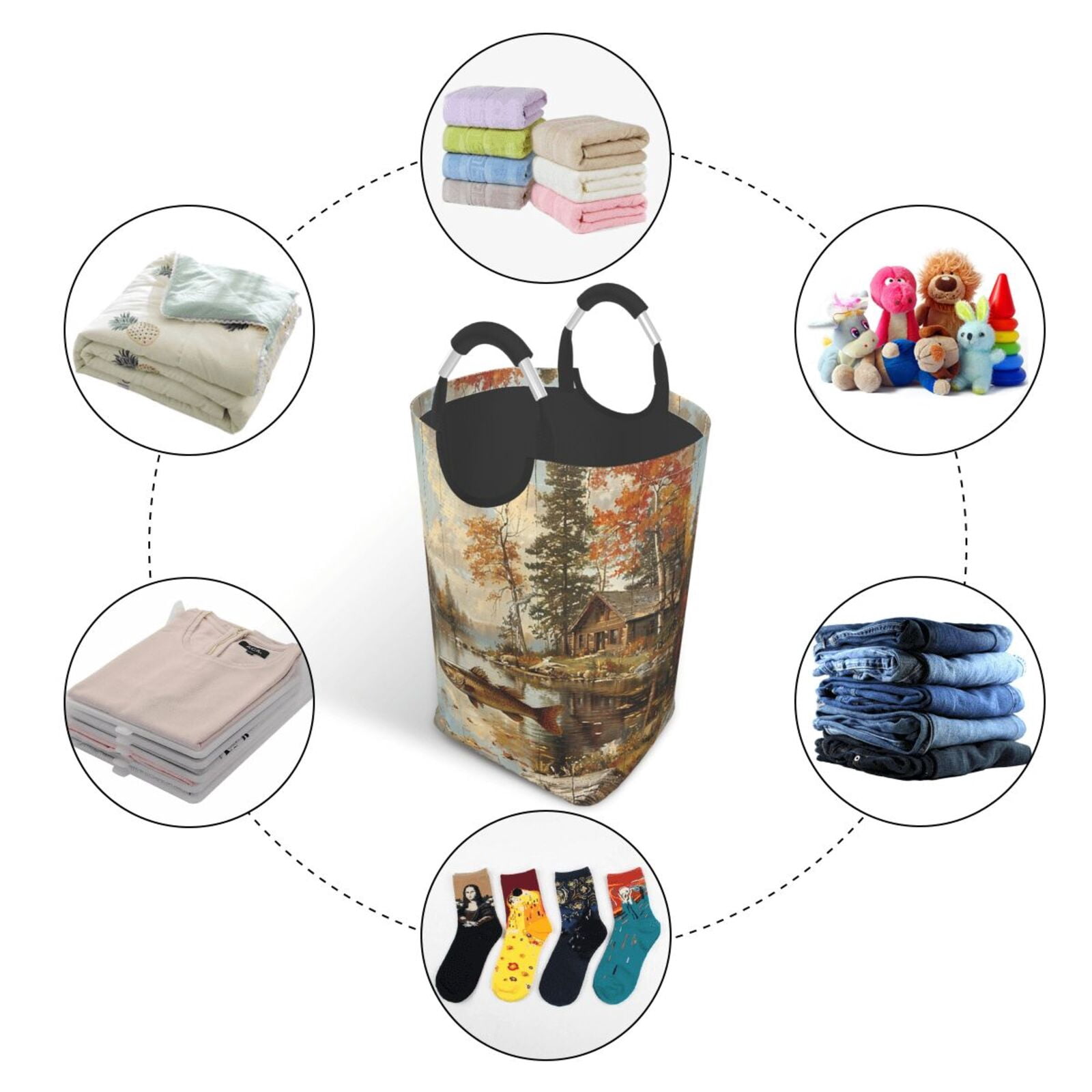 Hunting Cabin Fish Leaf Fishing Vintage Laundry Bag with Handle - Foldable Dirty Clothes Hamper Collapsible Storage Bin