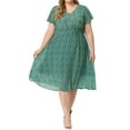thumbnail image 2 of Unique Bargains Women's Plus Size Ditsy Floral V Neck Smocked Waist Midi Dress 1X Green, 2 of 6