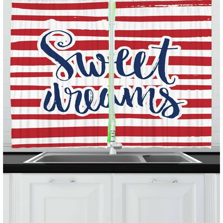 Navy Blue White Striped Curtains Sweet Dreams Curtains 2 Panels Set, Vintage Striped Background with Positive Message Nautical Design, Window Drapes for Living Room Bedroom, 55W X 39L Inches, Red Navy Blue and White, by Ambesonne ()