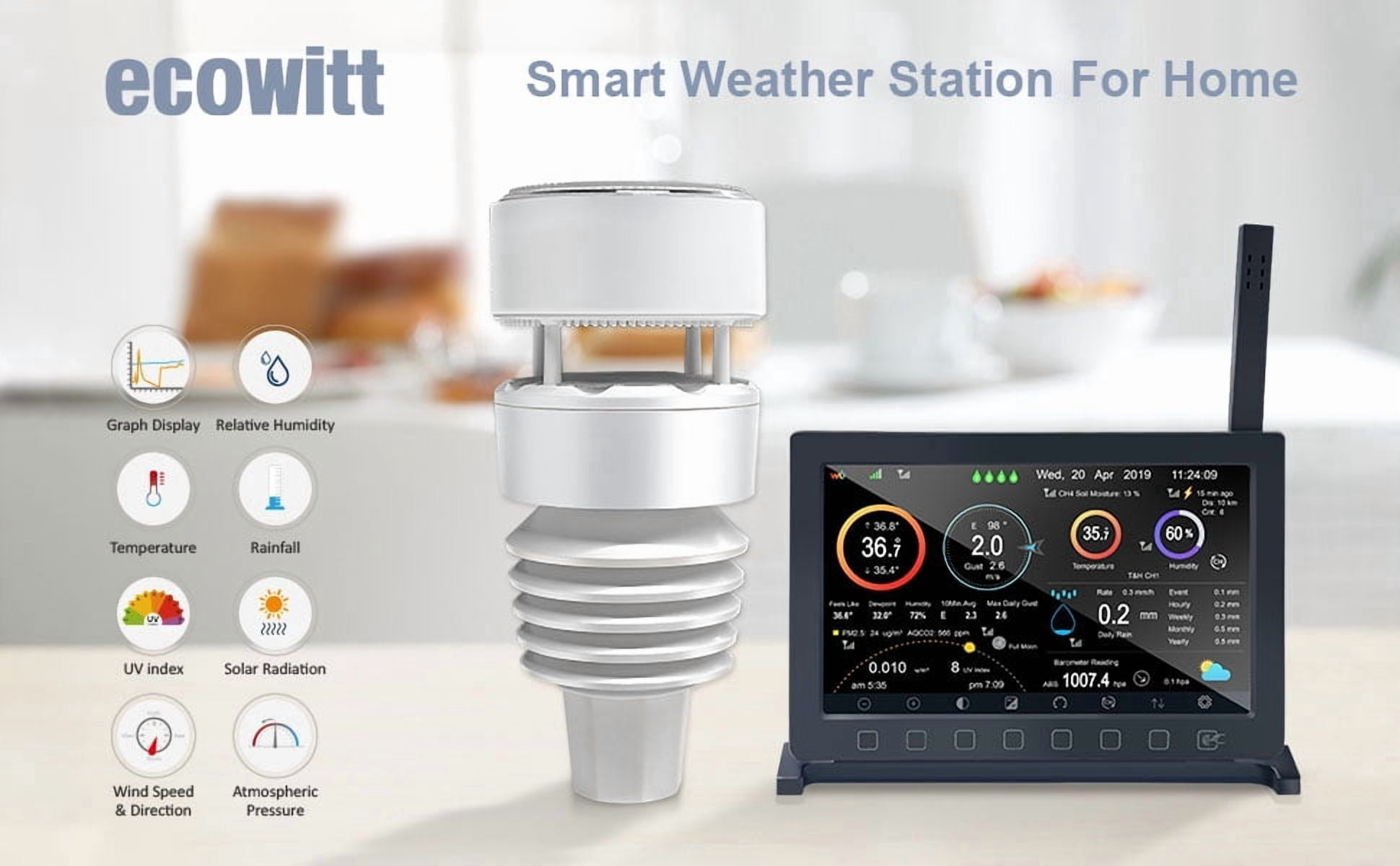 Ecowitt HP2564 Wi-Fi Weather Station with 7-in-1 Solar Powered Outdoor Sensor, Haptic Rain Gauge and 7-inch Full Color Touch Display