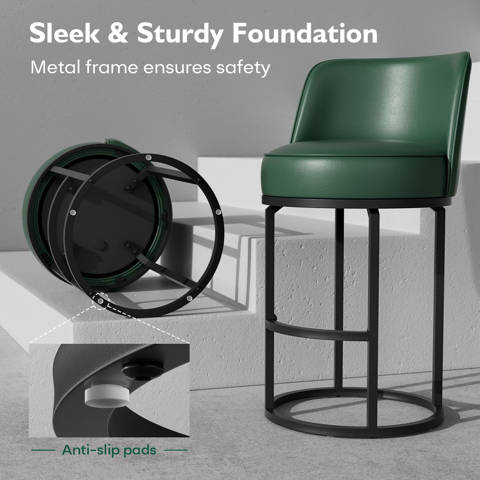 Genpo Bar Stools Set of 6, 26 inch Counter Height Bar Stools, Swivel Green Leather Barstools with Backs, Round Base, Footrest, Metal Legs for Kitchen Island