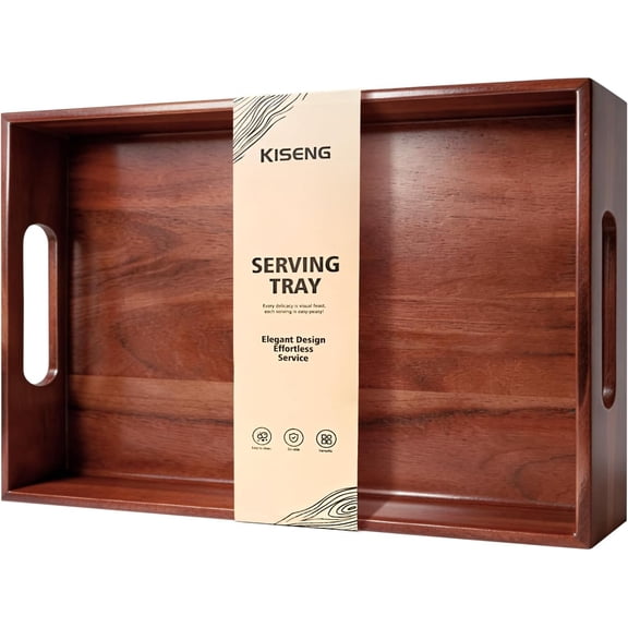 Acacia Wood Serving Tray with Handles, 17 x 12 Inch Large Wooden Tray for Food & Drinks, Coffee Table, Ottoman, Breakfast in Bed – Includes Free Leather Mat
