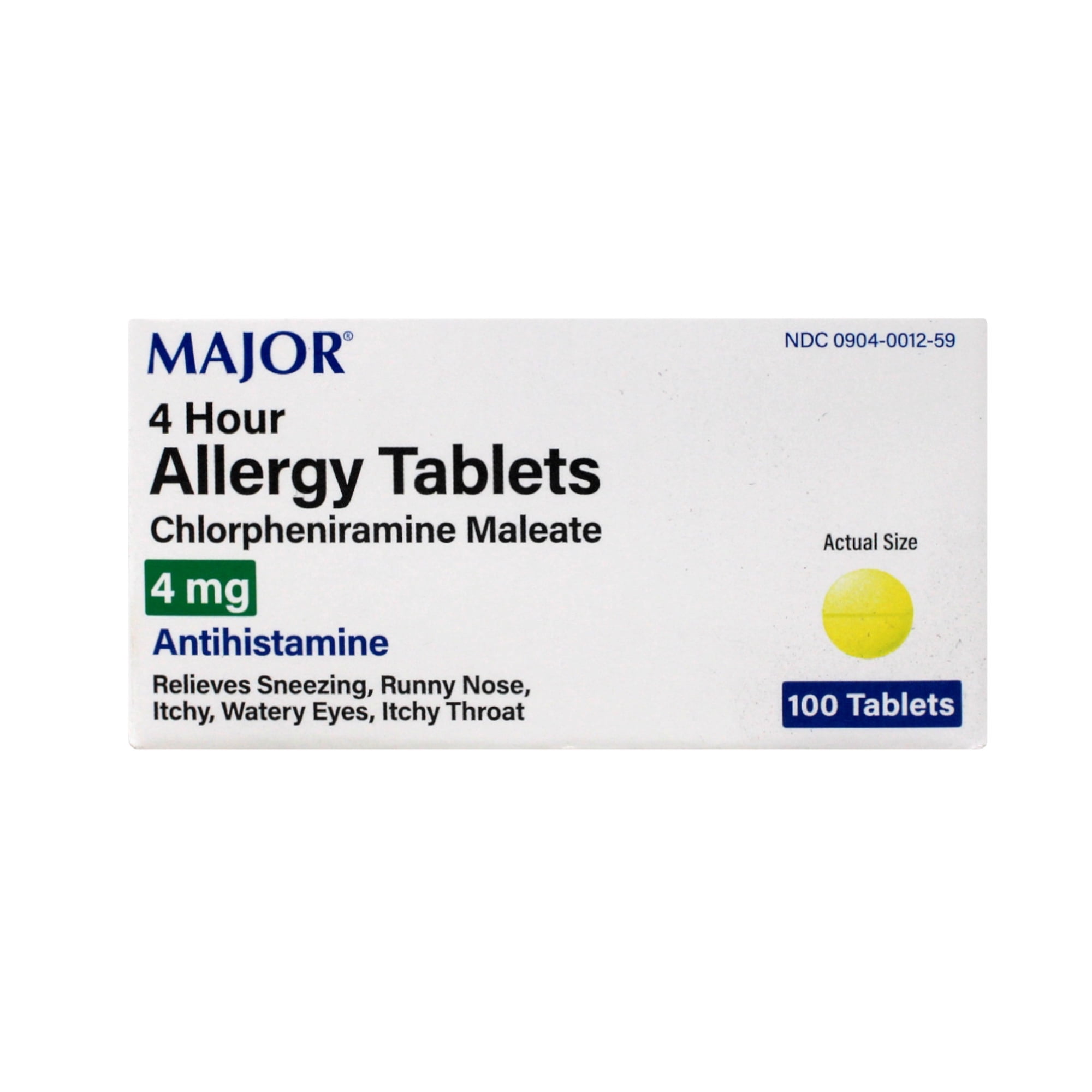 Major Allergy Tablets, Chlorpheniramine Maleate 4 mg, Antihistamine for Sneezing, Runny Nose, Itchy Eyes & Throat, 100 Tablets (5 Pack)