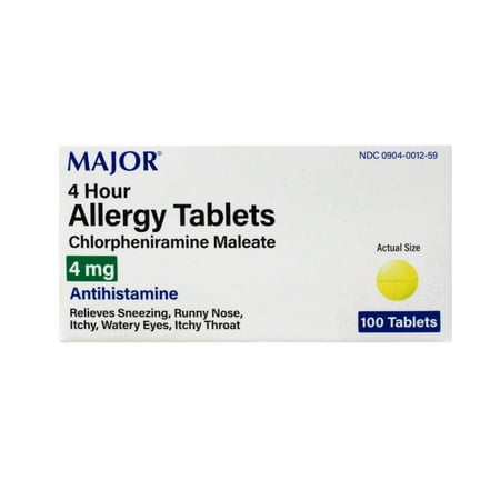 Major Allergy Tablets, Chlorpheniramine Maleate 4 mg, Antihistamine for Sneezing, Runny Nose, Itchy Eyes & Throat, 100 Tablets (5 Pack)