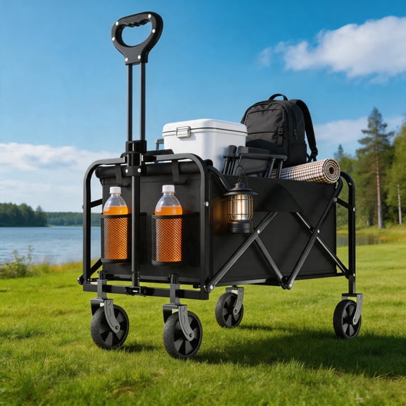 Collapsible Wagon Cart, 450/330/220LBS Heavy Duty Folding Utility Wagon with Cup Holders, All-Terrain Wheels Portable Foldable Shopping Cart for Camping Beach Garden Grocery