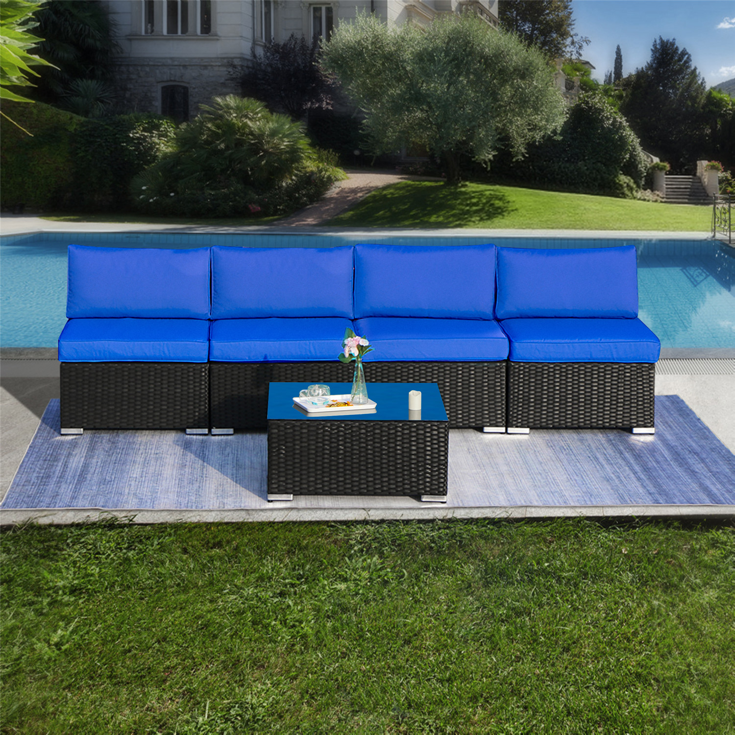 Cozyhom 5 Piece Patio Furniture Sets, All-Weather PE Wicker Rattan Outdoor Sectional Sofa with Coffee Table & Washable Couch Cushions, Royal Blue - image 3 of 5