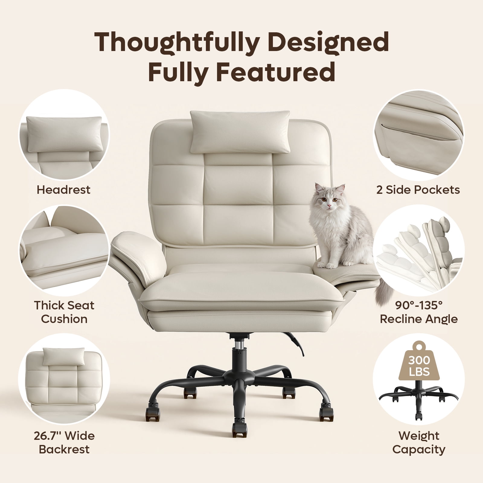 Bestier Big and Tall Ergonomic Office Chair with Flip-Up Arms, PU Leather High Back Executive Swivel Desk Chair with Side Pockets & Headrest , Height Adjustable Computer Chair for Home, Beige