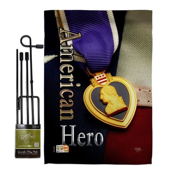 Breeze Decor BD-MI-GS-108407-IP-BO-D-US19-BD 13 x 18.5 in. Purpel Heart Hero Americana Military Impressions Decorative Vertical Double Sided Garden Flag Set with Banner Pole