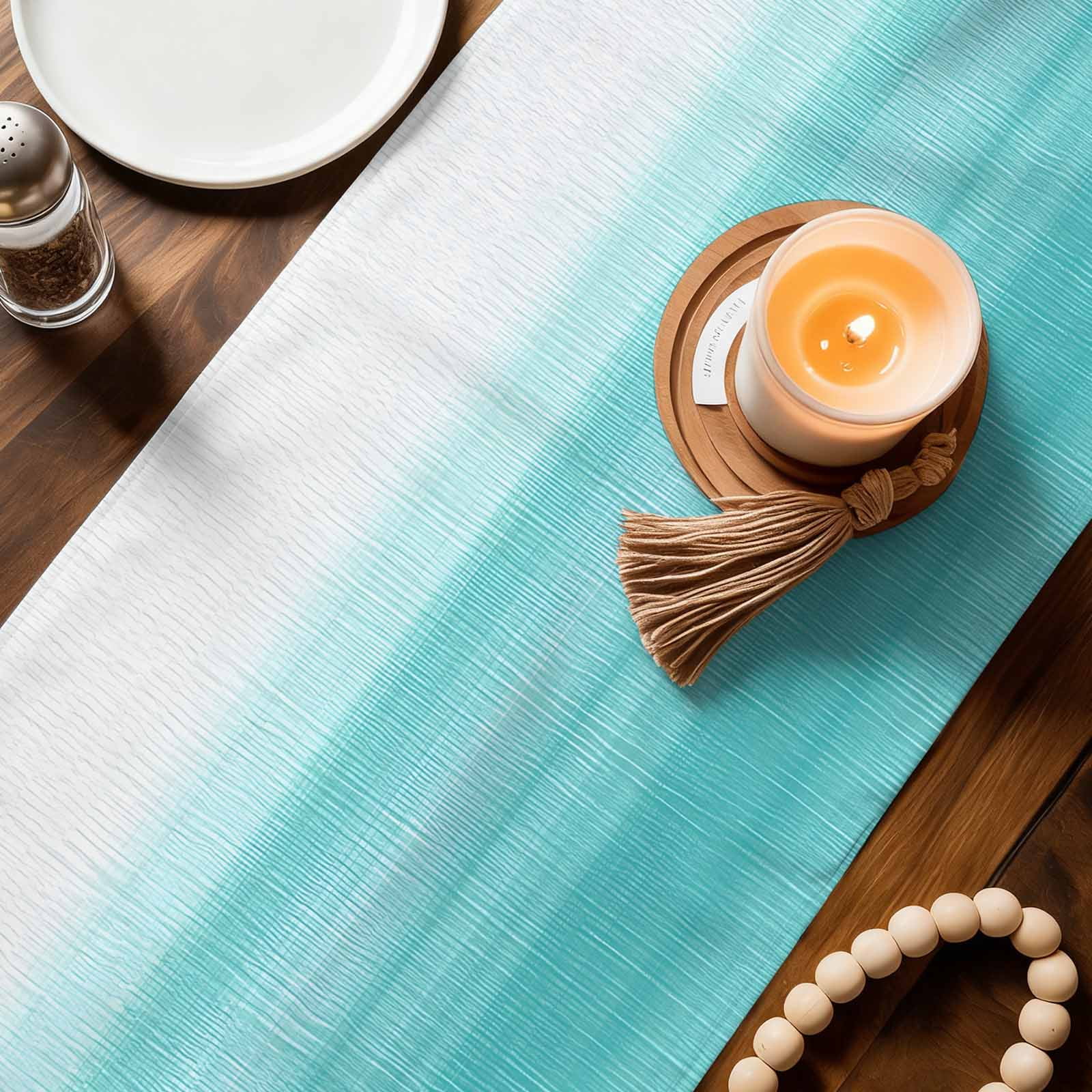 Aqua White Ombre Table Runner, Chic Modern Funny Abstract Striped Art Washable Cotton Linen Table Runners 48 Inches Long, Dresser Scarf Runner for Nightstand/Coffee/End Tables 13''x48''