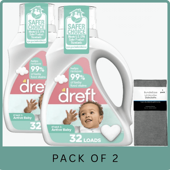 Dreft Active Baby Laundry Detergent for Sensitive Skin, 46 fl oz with Microfiber Solid Color Towel by BundleEase