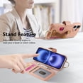 thumbnail image 4 of for iPhone 16 Folio Flip Wallet Case, PU Leather Zipper Pocket Card Slots RFID Blocking Wristband Bracket, with Diamond Finger Ring Full Body Protection for iPhone 16 - Pink, 4 of 10