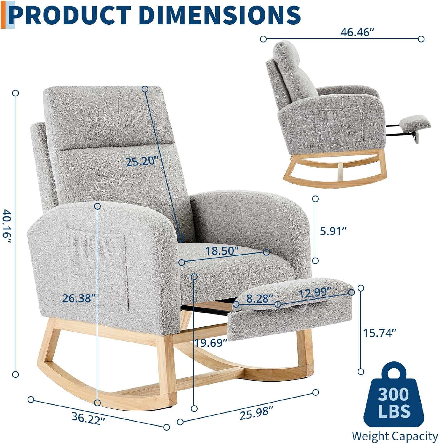 Ataucjin Rocking Glider Chair for Nursery, Wingback Accent Rocker Chair Upholstered Tall Back Arm Chair w/Side Pockets, Ursing Rubber Wood Legs and Side Pocket Wingback Accent Rocker Chair