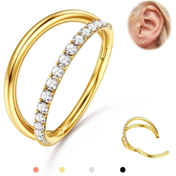 Triple/Double Hoop Nose Ring - 316L Stainless Steel Septum Clicker 16G/18G/20G CZ Conch Piercing Jewelry Septum Clicker Rings Cartilage Earring Helix Rook Tragus Gold/Black/Silver/Rose Gold