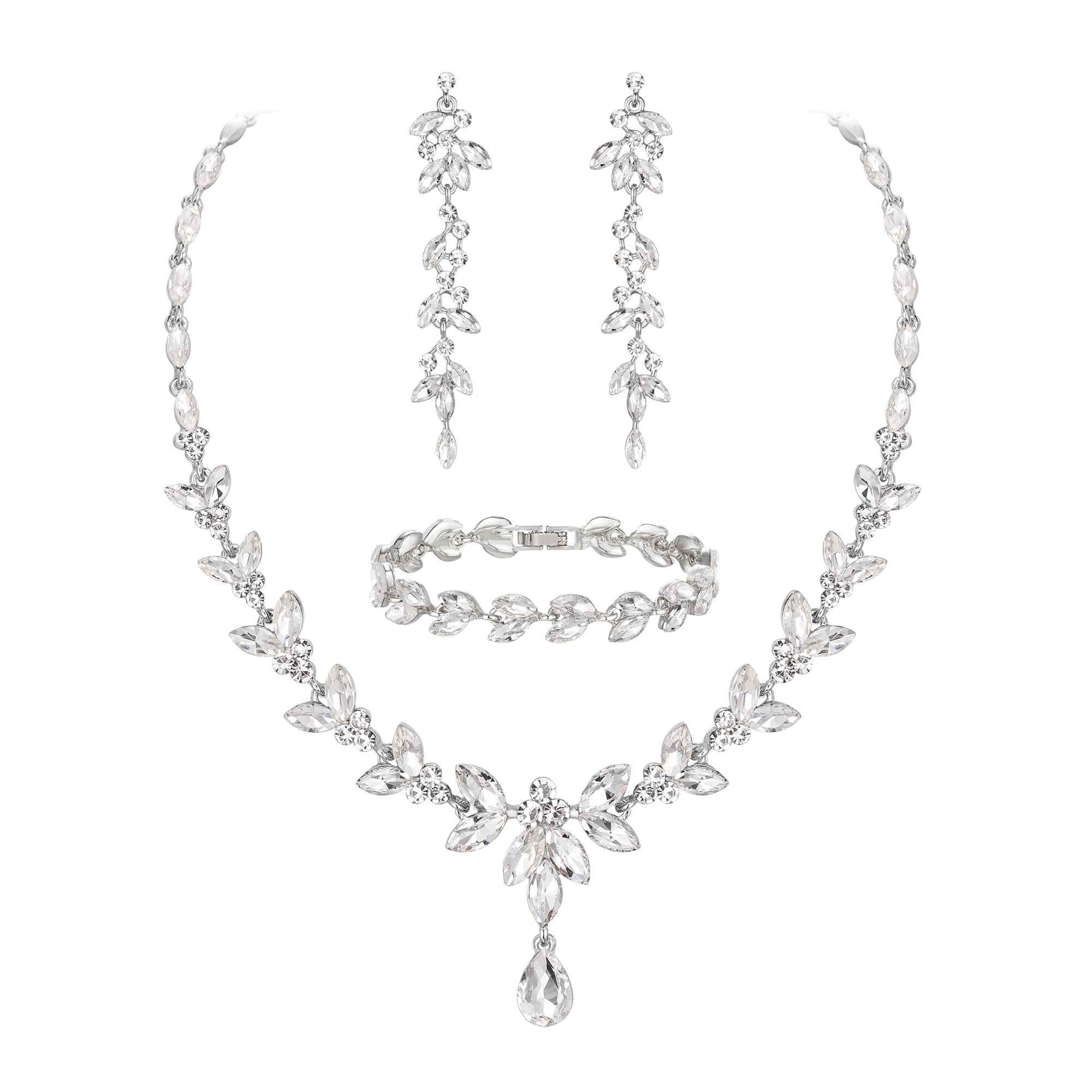 Wedure Rhinestone Wedding Bridesmaid Jewelry Sets, Elegant Marquise Crystal Leaf Necklace Dangle