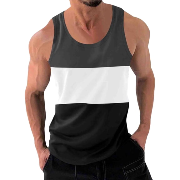 HOOMEUMY Men's Summer Muscle Tank Top Color Block Sleeveless Crew Neck Loose Fit Tank Top Sports Gym Workout Stringer UnderVest Dark Gray XL