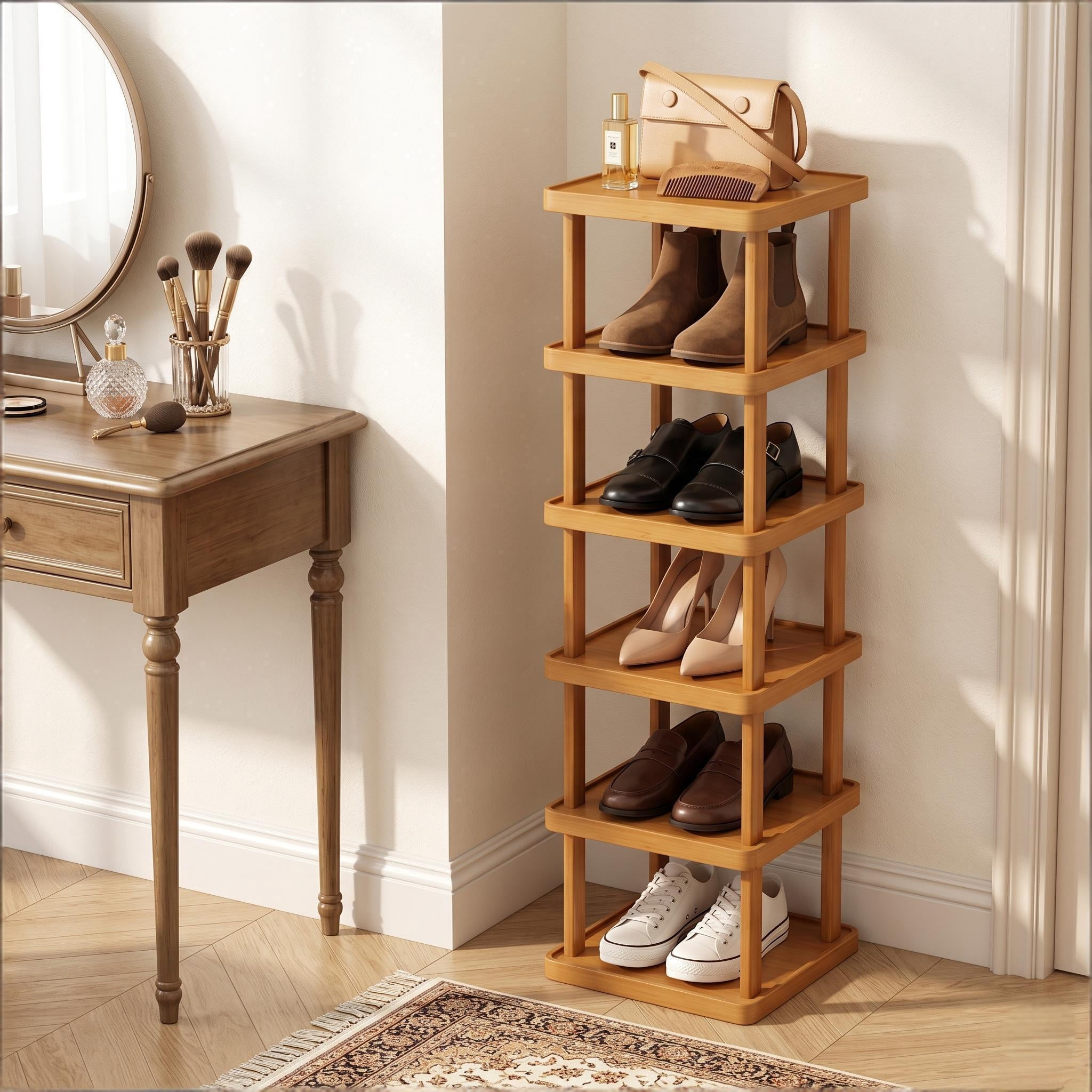 Howcool Bamboo Storage Rack, 6 Tier Expandable Foldable Shelf, Easy Assembly, Entryway Bedroom Organizer