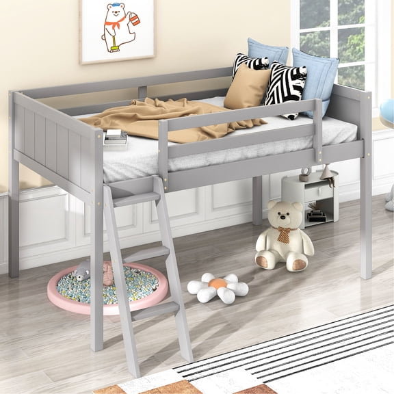 Gray wood twin low loft bed with left - right ladder placement / Solid pine MDF and no box spring for bedroom use