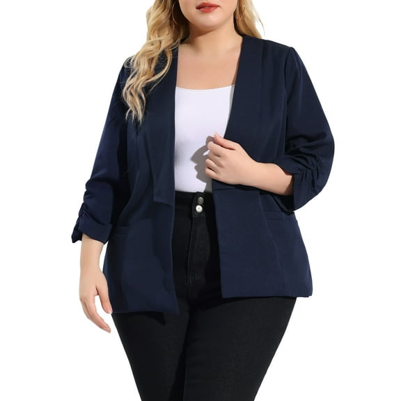 DARING DIVA Women's Plus Shawl Collar 3/4 Ruched Sleeve Blazers Dark Blue 3X