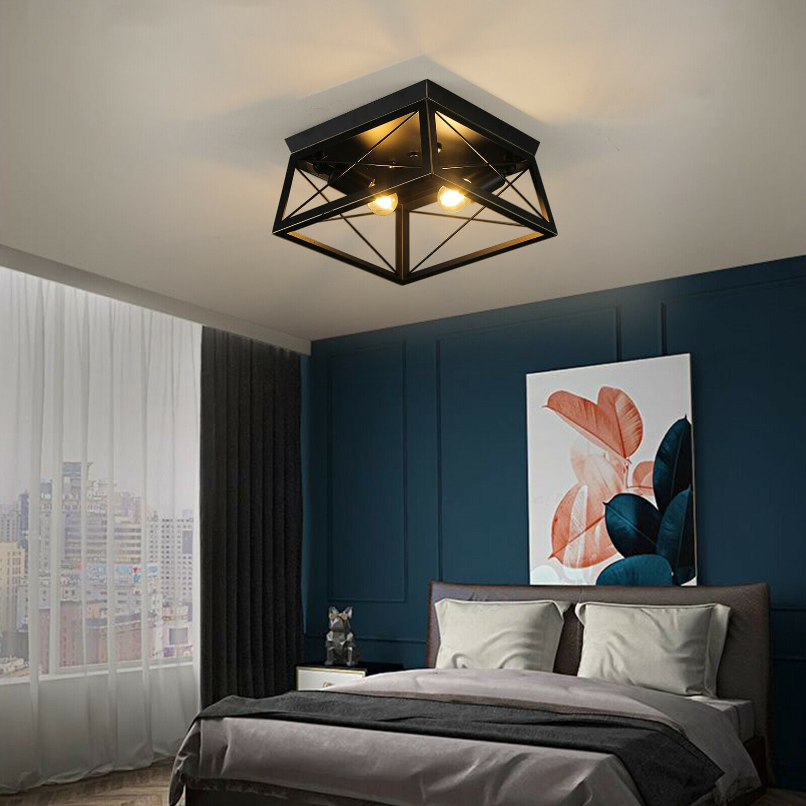 Farmhouse Industrial Semi Flush Mount Ceiling Light Pendant Lamp Fixture for Indoor, Outdoor Porch, Black