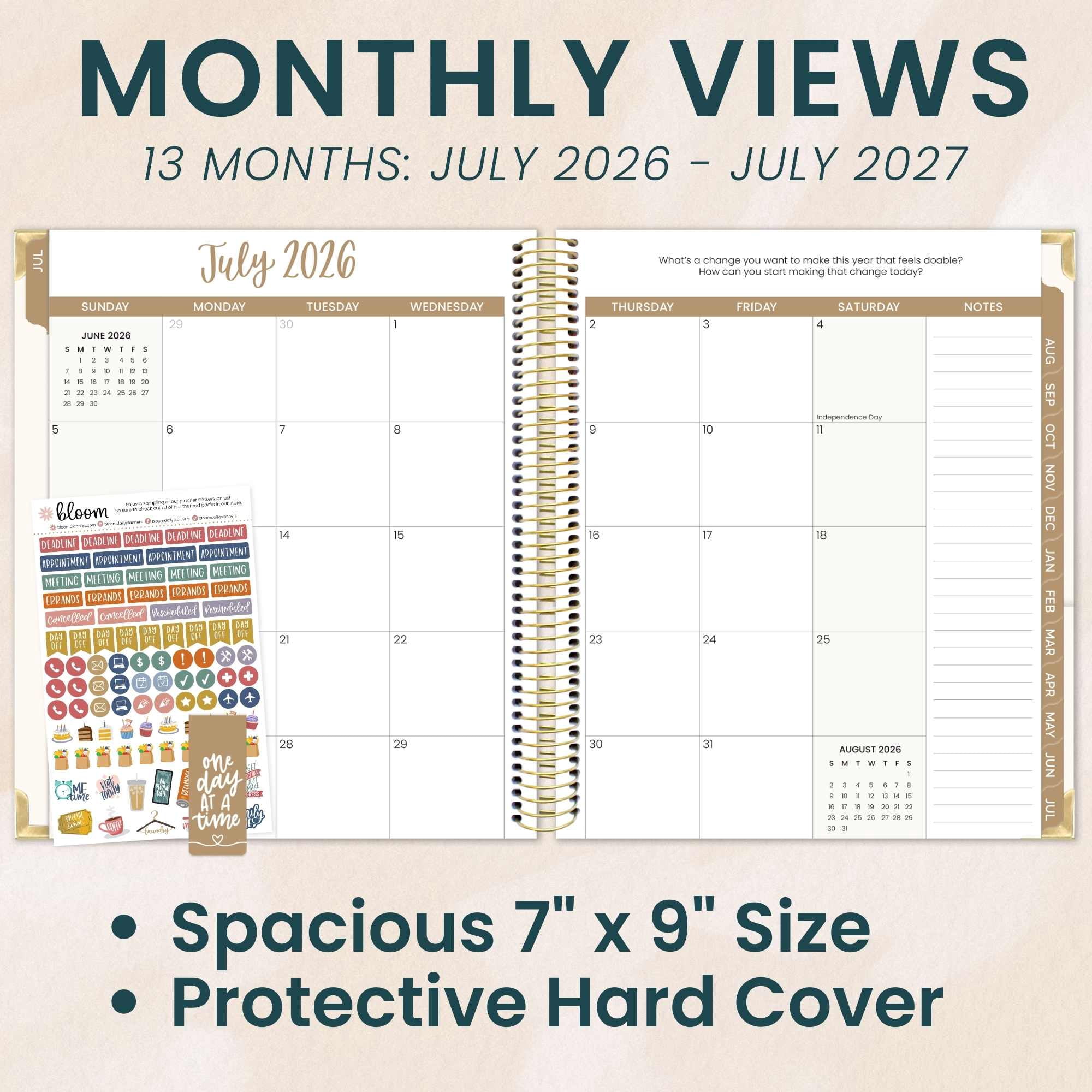 bloom daily planners 2026-2027 Academic Goal & Vision Planner, 13-Month Monthly & Weekly Hard Cover, 7.5" x 9", Spread Kindness Like Wildflowers