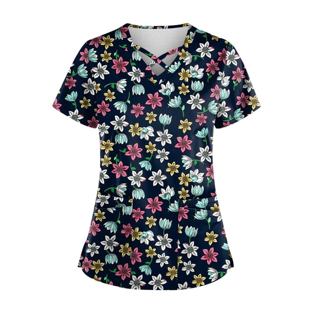 Fiudx Tops para Mujer Blusa de Manga Corta con Estampado de Moda para Mujer, Camiseta con Cuello En V, Tops Informales con Bolsillos