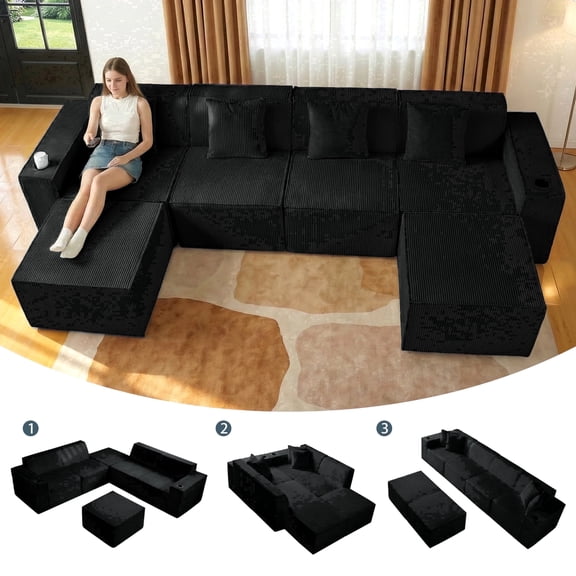 SEENYOO 133" Cloud Couch, Black Modular Sectional Sofa with 2 Ottomans, Corduroy Deep Seat for Living Room, No Assembly Required