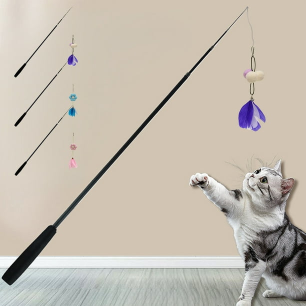 Juguete para gatos: palo de juego con cascabeles y plumas reemplazables, 180 cm, juego interactivo de entrenamiento para gatitos, 1 unidad, azul Rkxzt