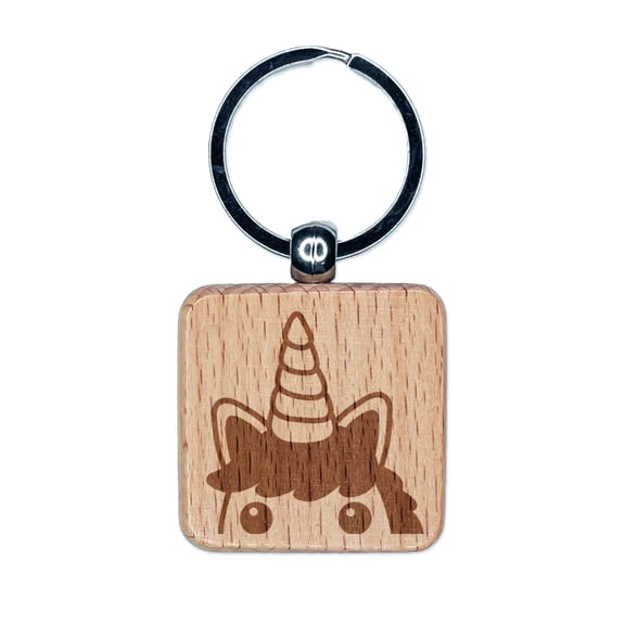Peeking Unicorn Square Keychain Charm Tag - Engraved Wood