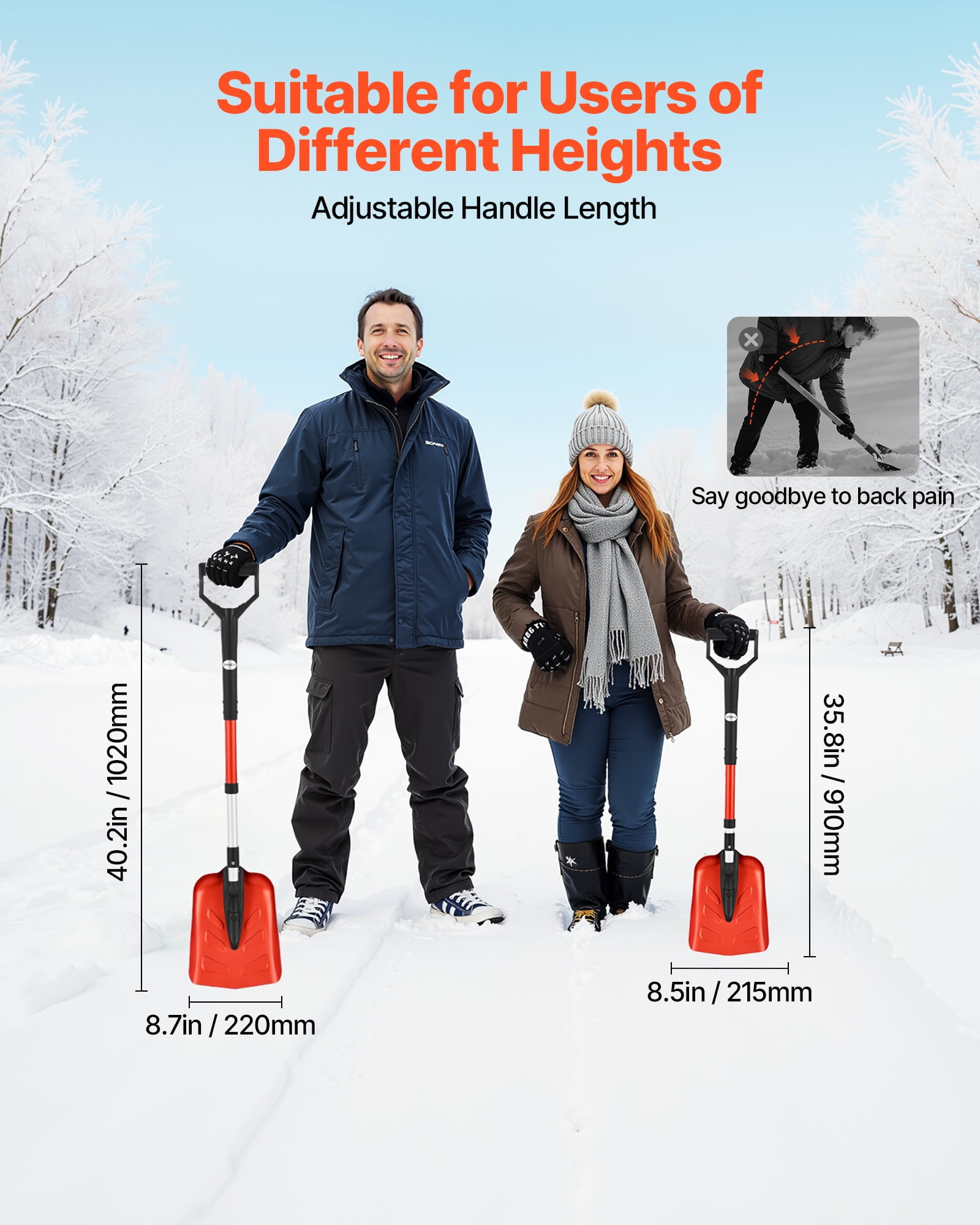 VEVOR Snow Shovel for Driveway, 9 in Foldable Snow Shovel with D-shaped Handle, , 36-40 in Adjustable, Lightweight Aluminum Alloy Snows Removal Tool, Reduce Back Strains for Garden Car Camping