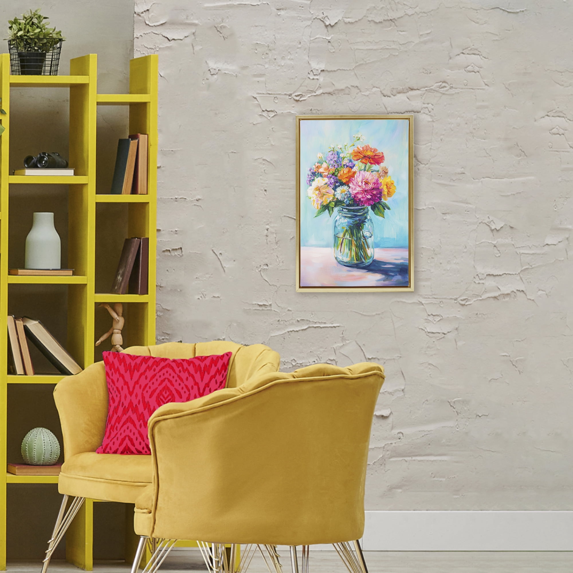 Stupell Industries Vibrant Country Jar Bouquet Gold Framed Floater Canvas Wall Art, design by Petal Prints Design