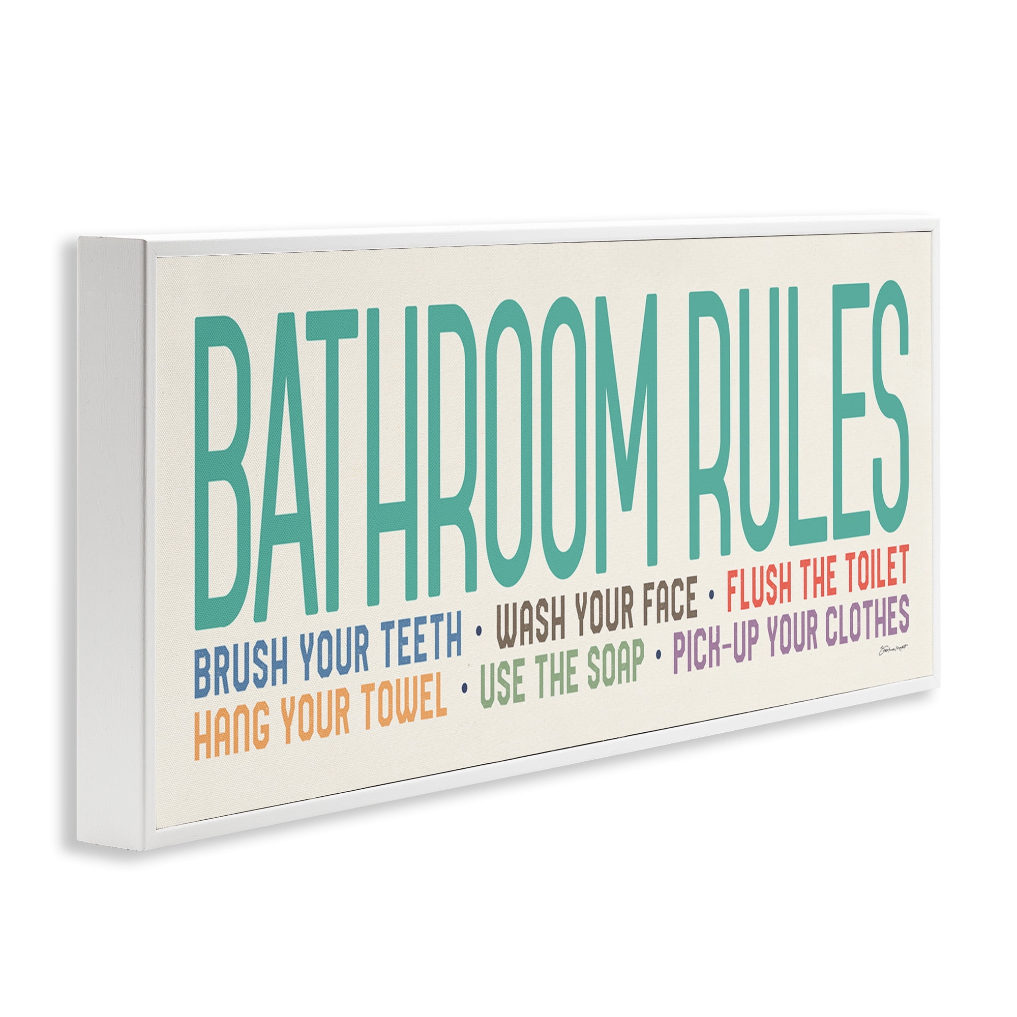 Stupell Industries Bathroom Rules with Teal Text Abstract Painting White Framed Art Print Wall Art, 24 x 10