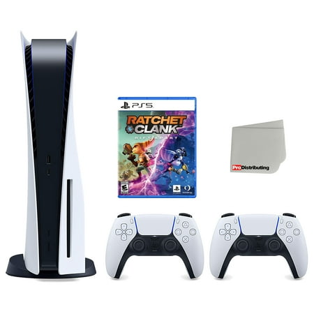Sony Playstation 5 Disc Version Console with Extra White Controller, Ratchet & Clank: Rift Apart Bundle with Cleaning Cloth