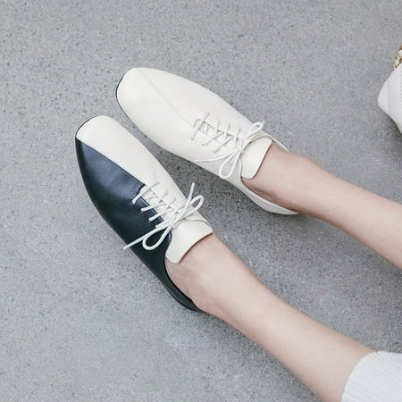 

INS hot women Pumps plus size 22-26.5cm length color stitching Genuine Leather shoes woman ladies shoes Low heel square toe