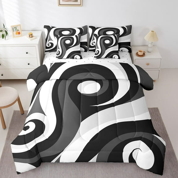 Erosebridal Grey Geometric Bed in a Bag Twin size, Spiral Abstract Ombre Bed Set, Modern Minimalst Decor, 7-Piece