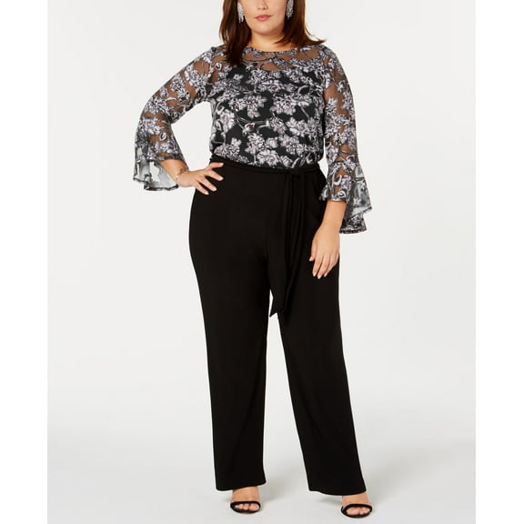 NY Collection Plus Petite Plus Size Illusion Floral Print Jumpsuit Charcoal 1X