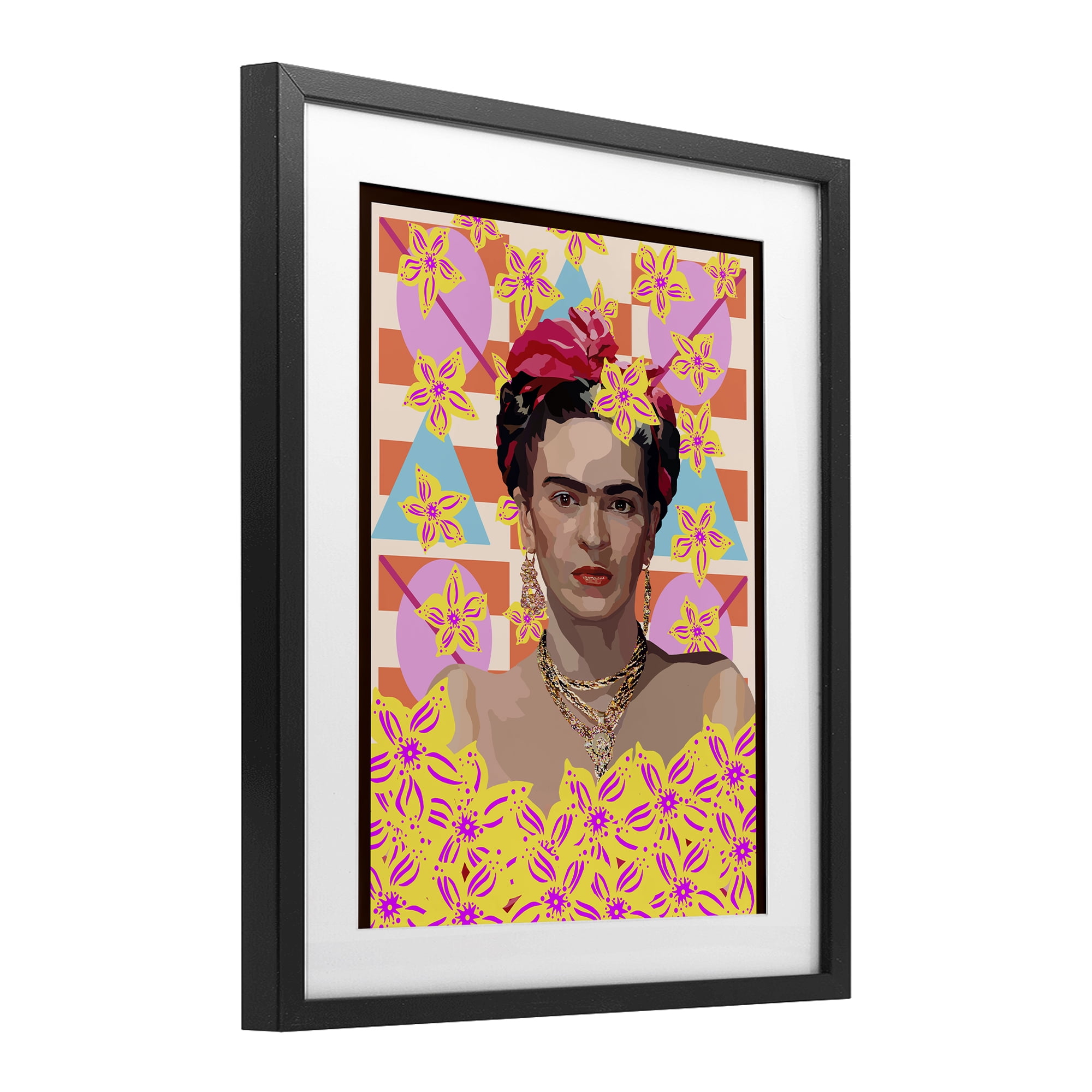 Frida's Floral Journey Black Framed Print Under Glass, design by Lynnda Rakos