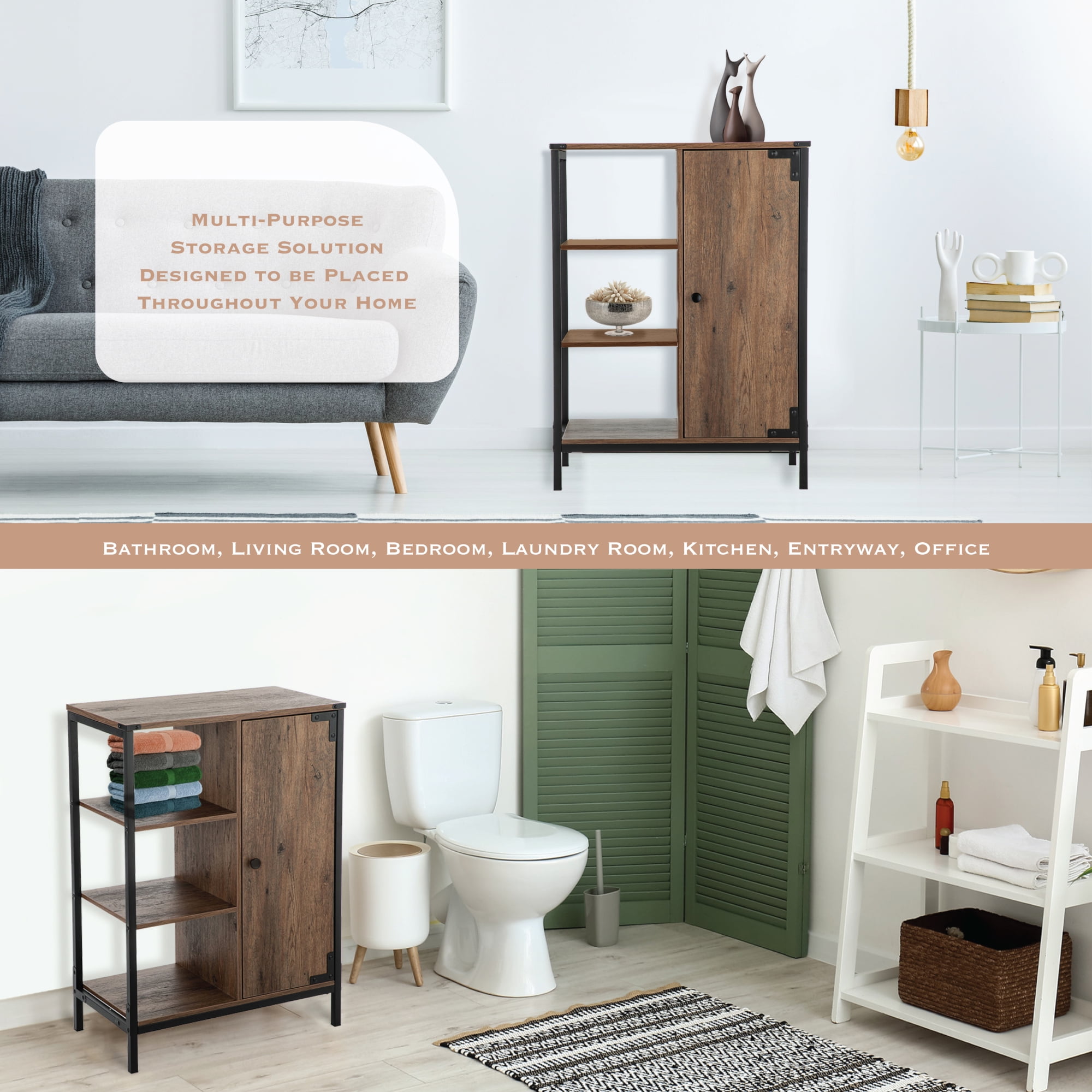 Landia Home 34"H x 24” W x 13"D Bathroom Cabinet with Steel Frame, 3 Shelves, Brown, CVA6114U